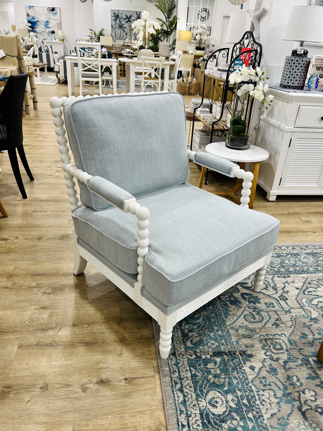 Hamptons White Bobbin Armchair Duck Egg
