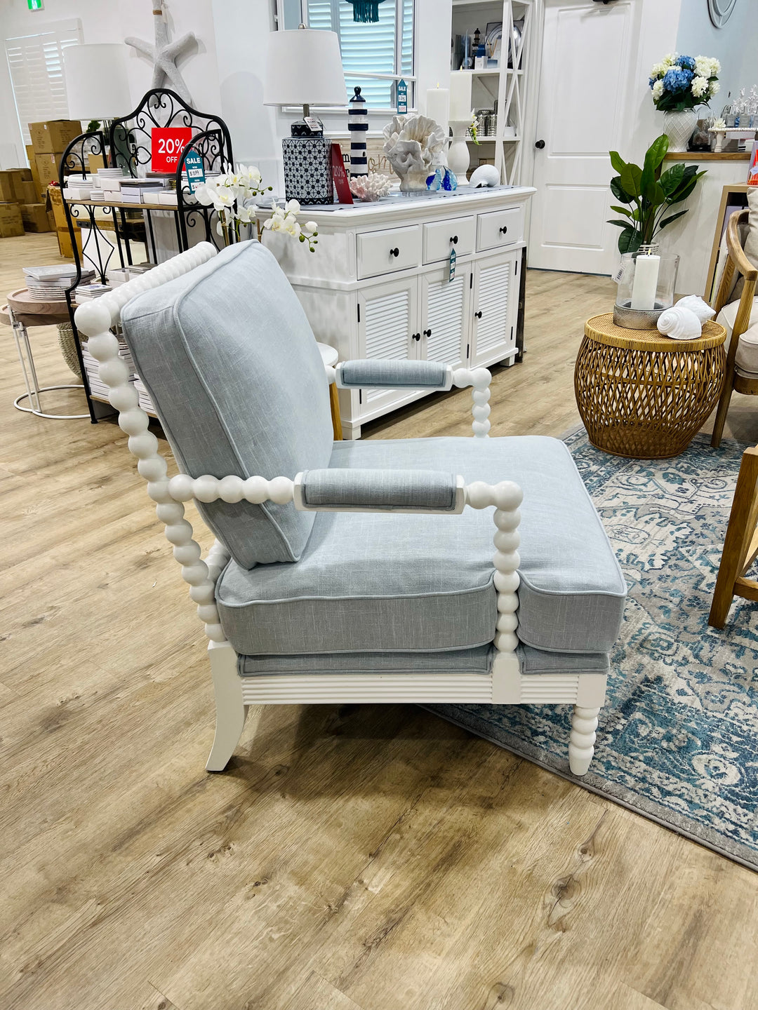 Hamptons White Bobbin Armchair Duck Egg