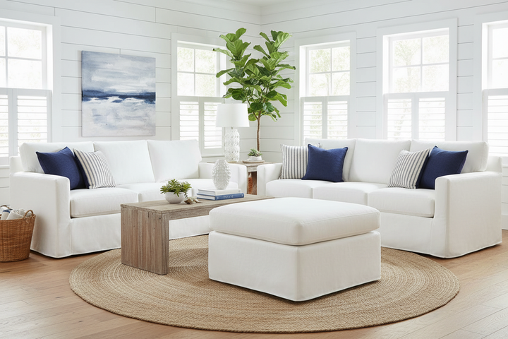 Manhattan Ottoman White Linen