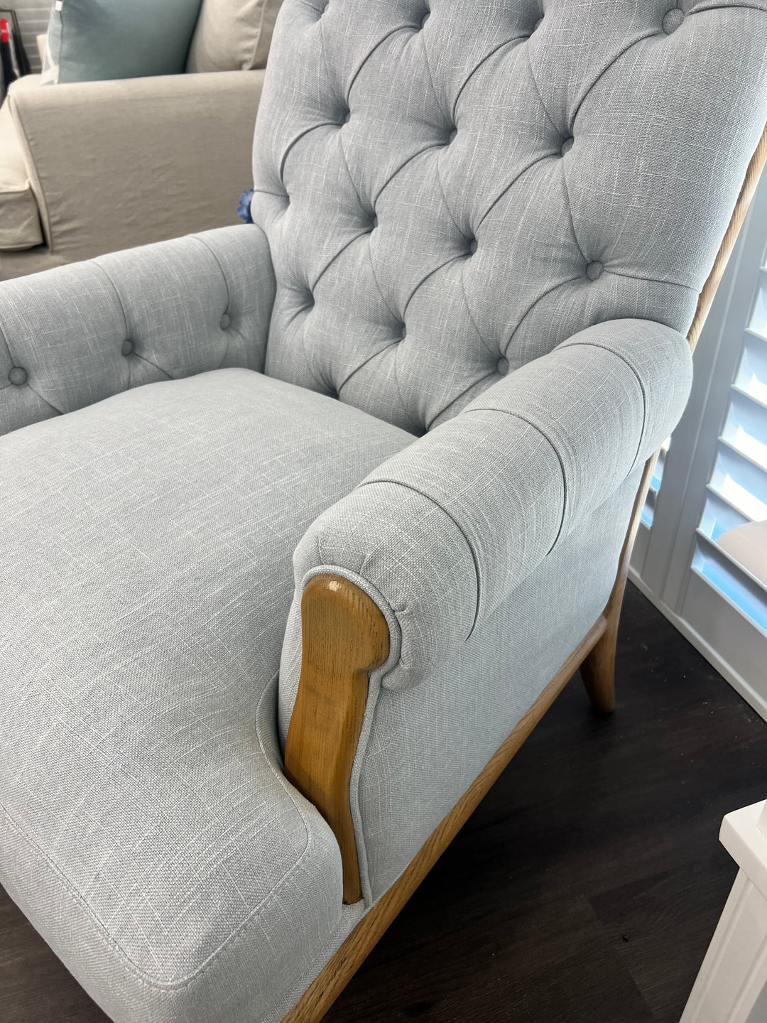 Duck Egg Linen Armchair Oak Legs