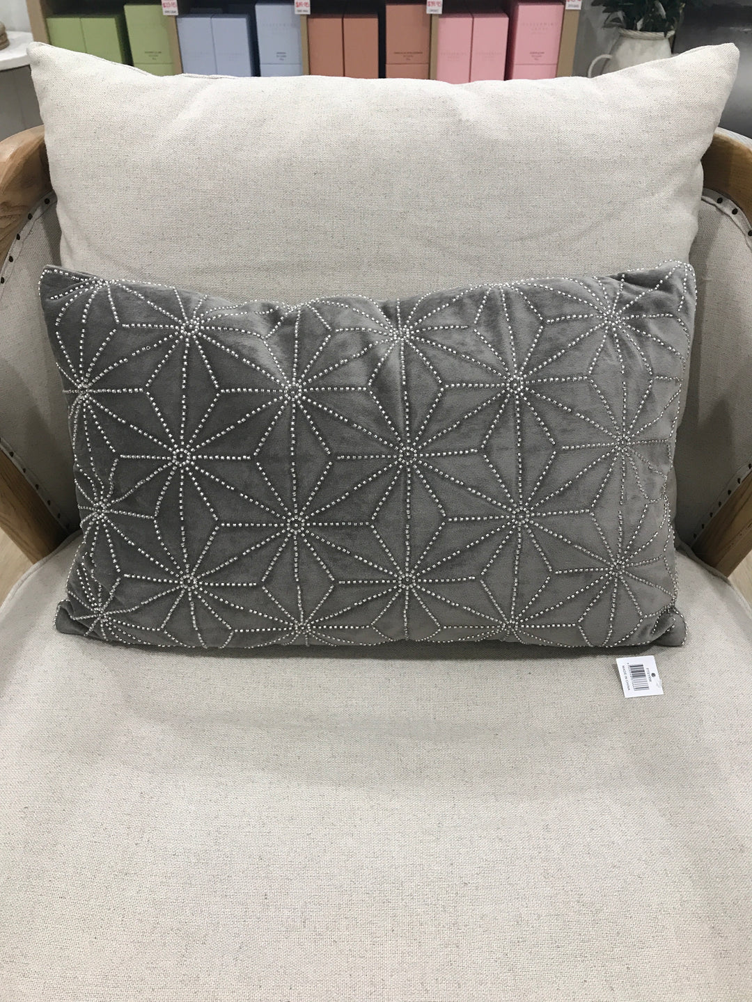 Hamptons Velvet Diamante Cushion Geo Warm Grey (Lumbar)