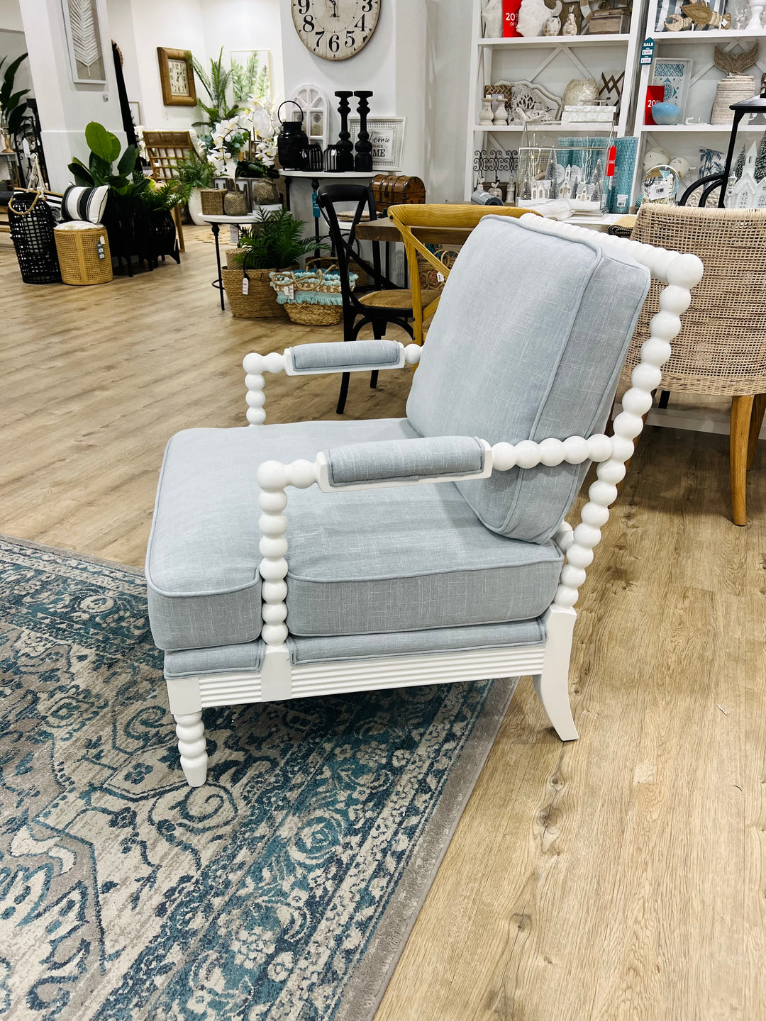 Hamptons White Bobbin Armchair Duck Egg
