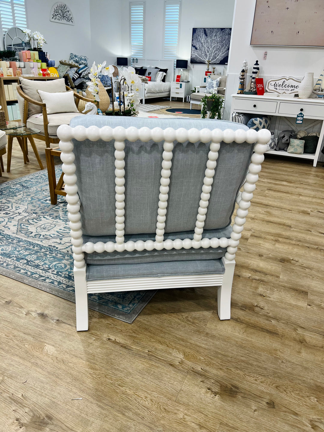 Hamptons White Bobbin Armchair Duck Egg