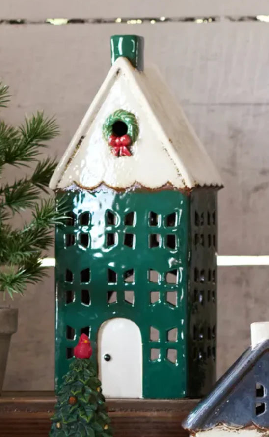 Christmas Tea Light House Green with Wreath Large