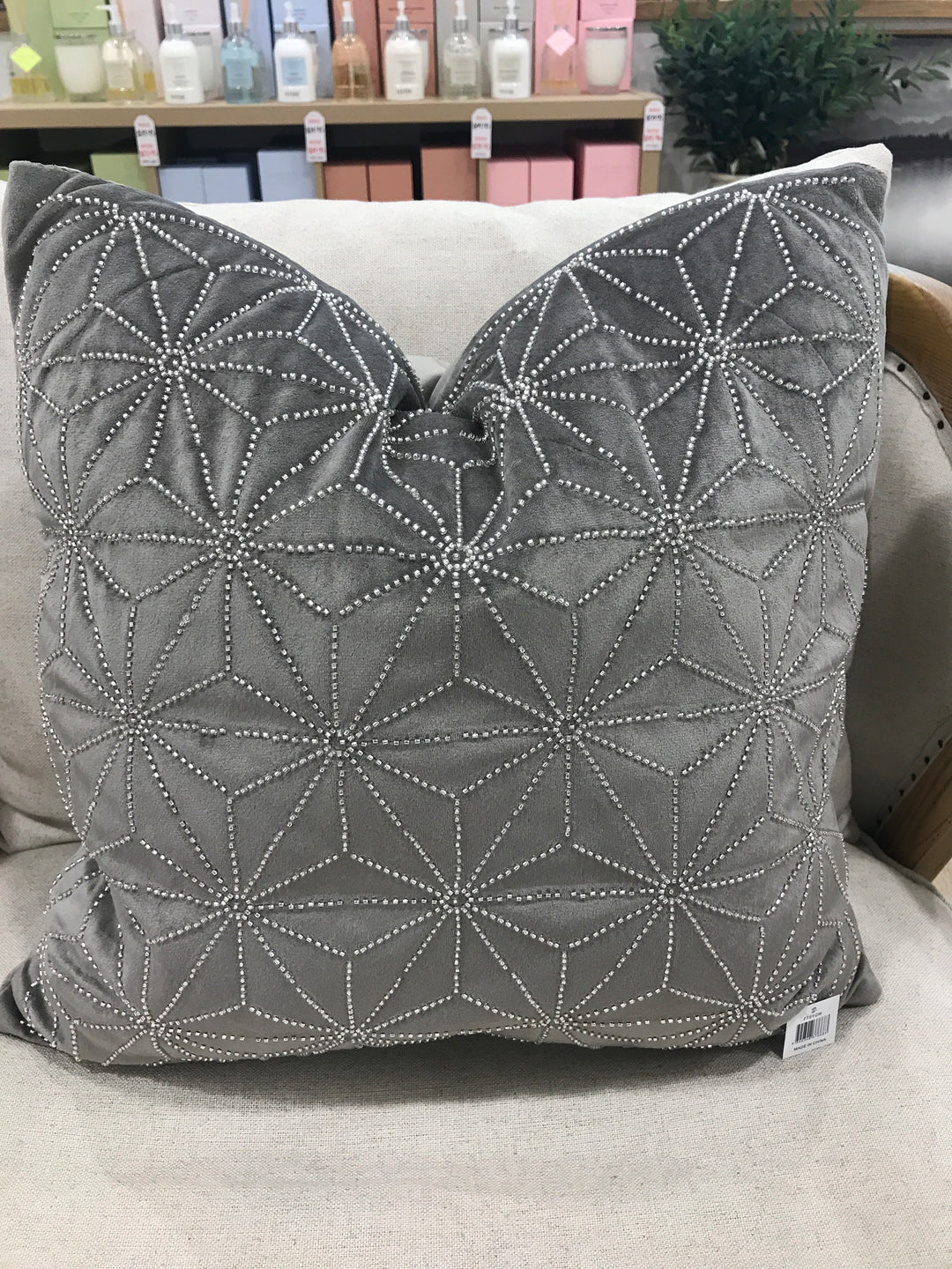 Hamptons Velvet Diamonte cushion Geo Warm Grey