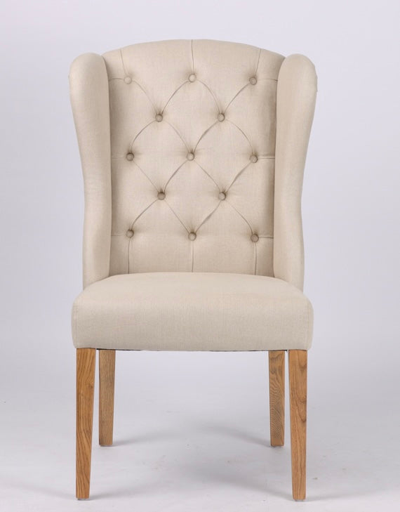 Hampton Beige Buttoned Winged Linen Dining Chair