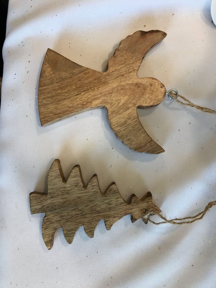 Mango Wood Xmas Hanger 10cm Brown 5 Asst