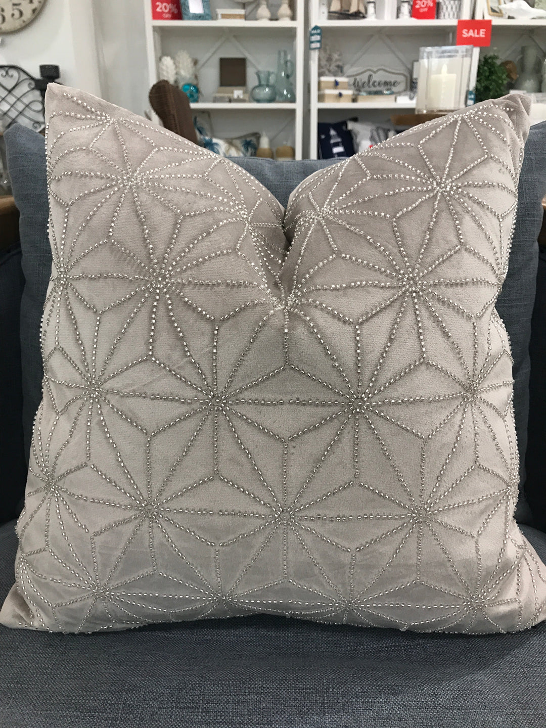 Hamptons Velvet Diamante Cushion Geo Cool Grey