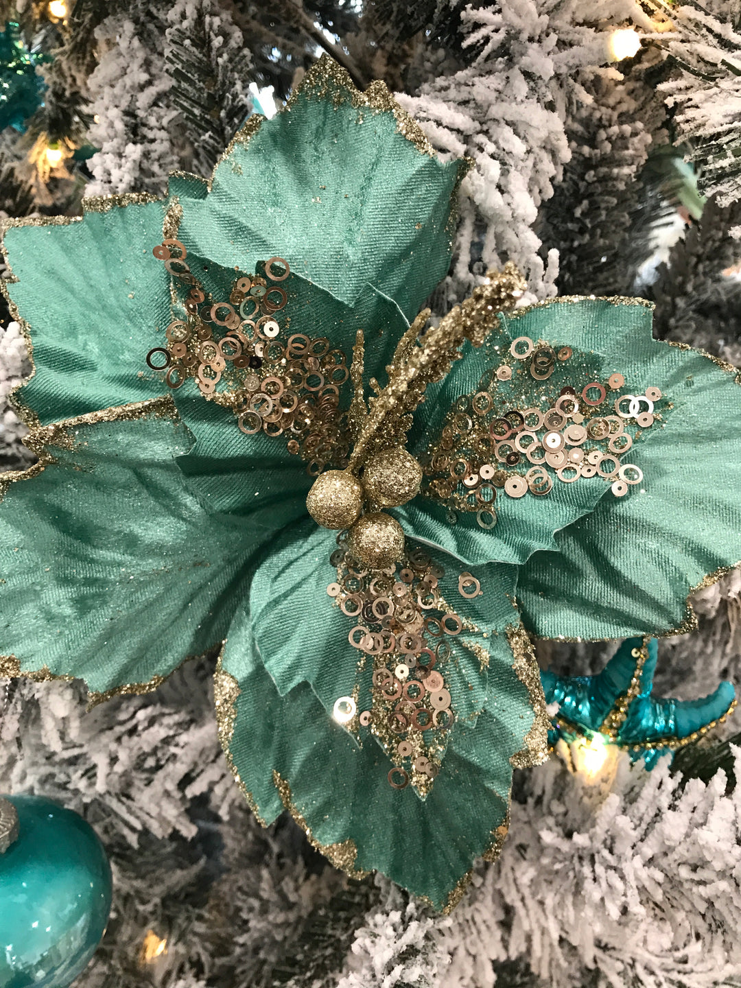 Poinsettia Teal Gold Embossed Leaves