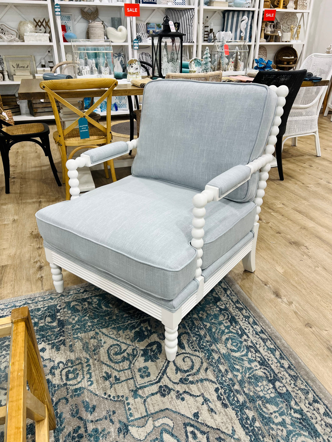 Hamptons White Bobbin Armchair Duck Egg