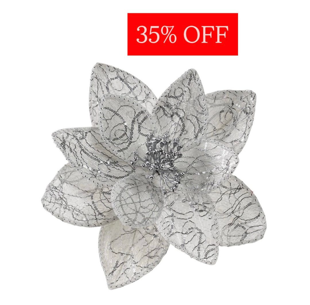 Fabric Clip Poinsettia Silver/Silver Edge