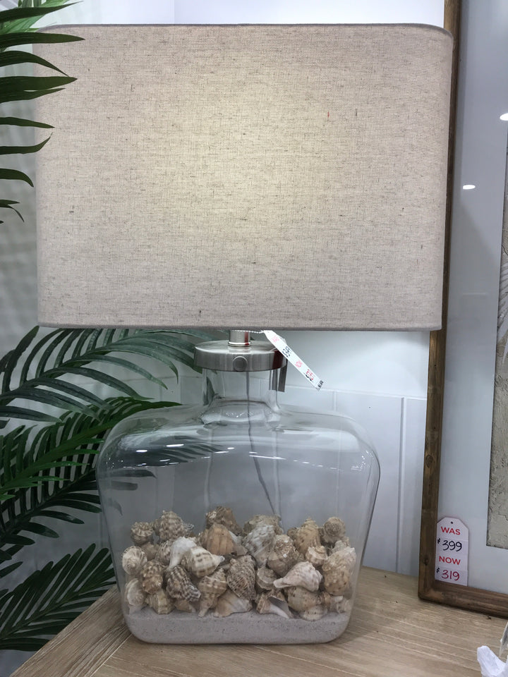 Fillable bottle lamp with linen shade