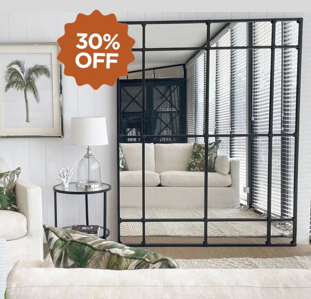 CRAWFORD RECTANGULAR 16 PANE IRON FRAMED MIRROR - BLACK