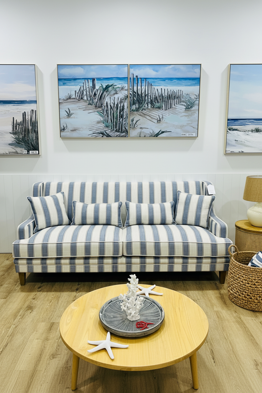 Bondi Hamptons  3 Seater Sofa Blue Stripe FLOORSTOCK