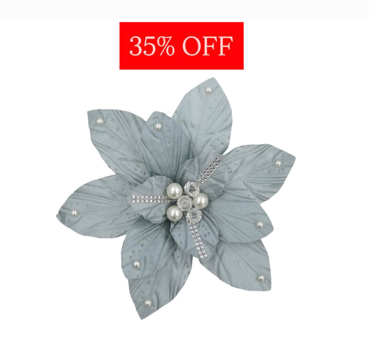 Fabric Clip Poinsettia Grey Silver Beads