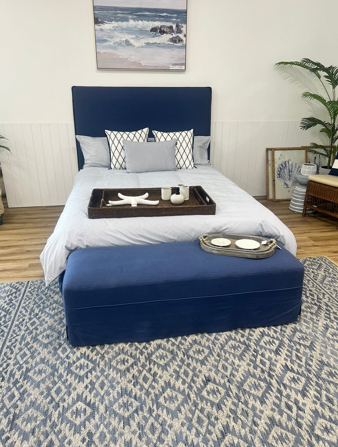 Brighton Slip Cover Queen Bedhead w Valance - Navy Linen