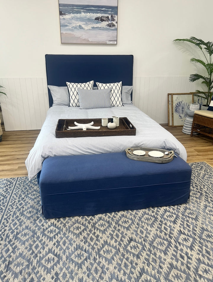 Brighton Slip Cover Queen Bedhead w Valance - Navy Linen