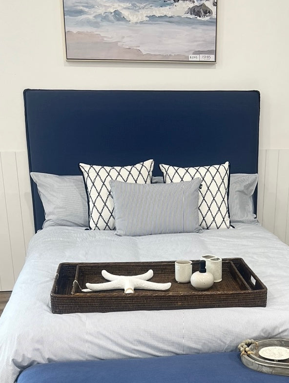 Brighton Slip Cover Queen Bedhead w Valance - Navy Linen