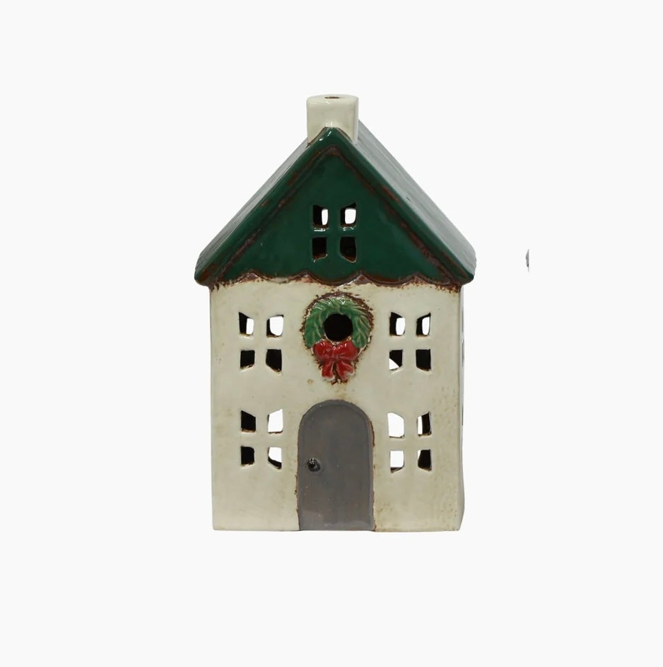 Christmas Tea Light House Green with Small Wreath
