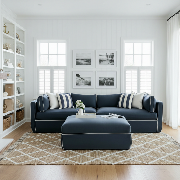 Newport 4 Seat Sofa Navy with White Piping