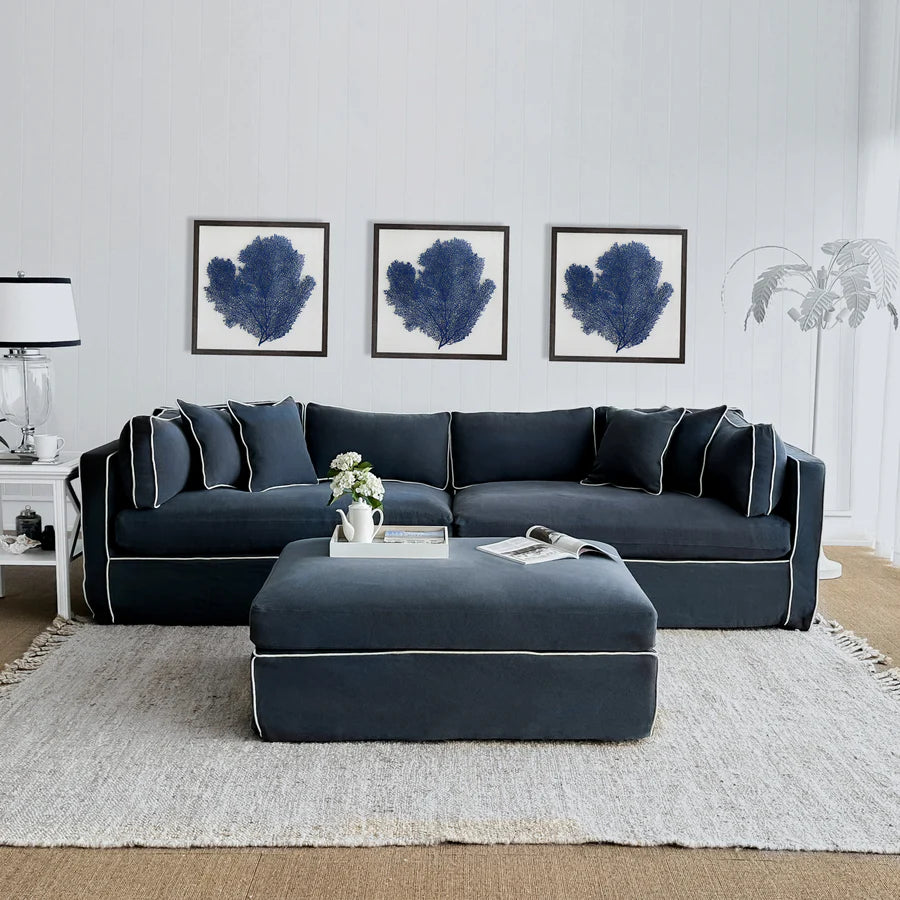Newport 4 Seat Sofa Navy with White Piping