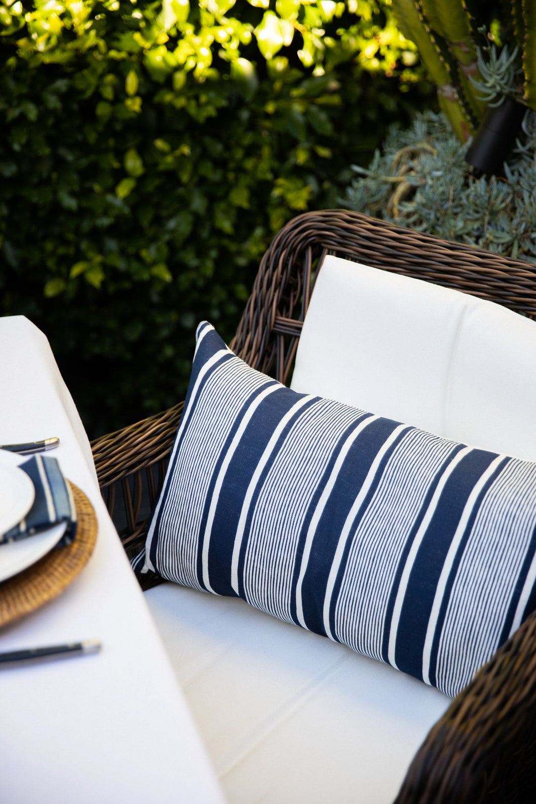 Hamptons Linen Capri Stripe Navy Lumbar Cushion