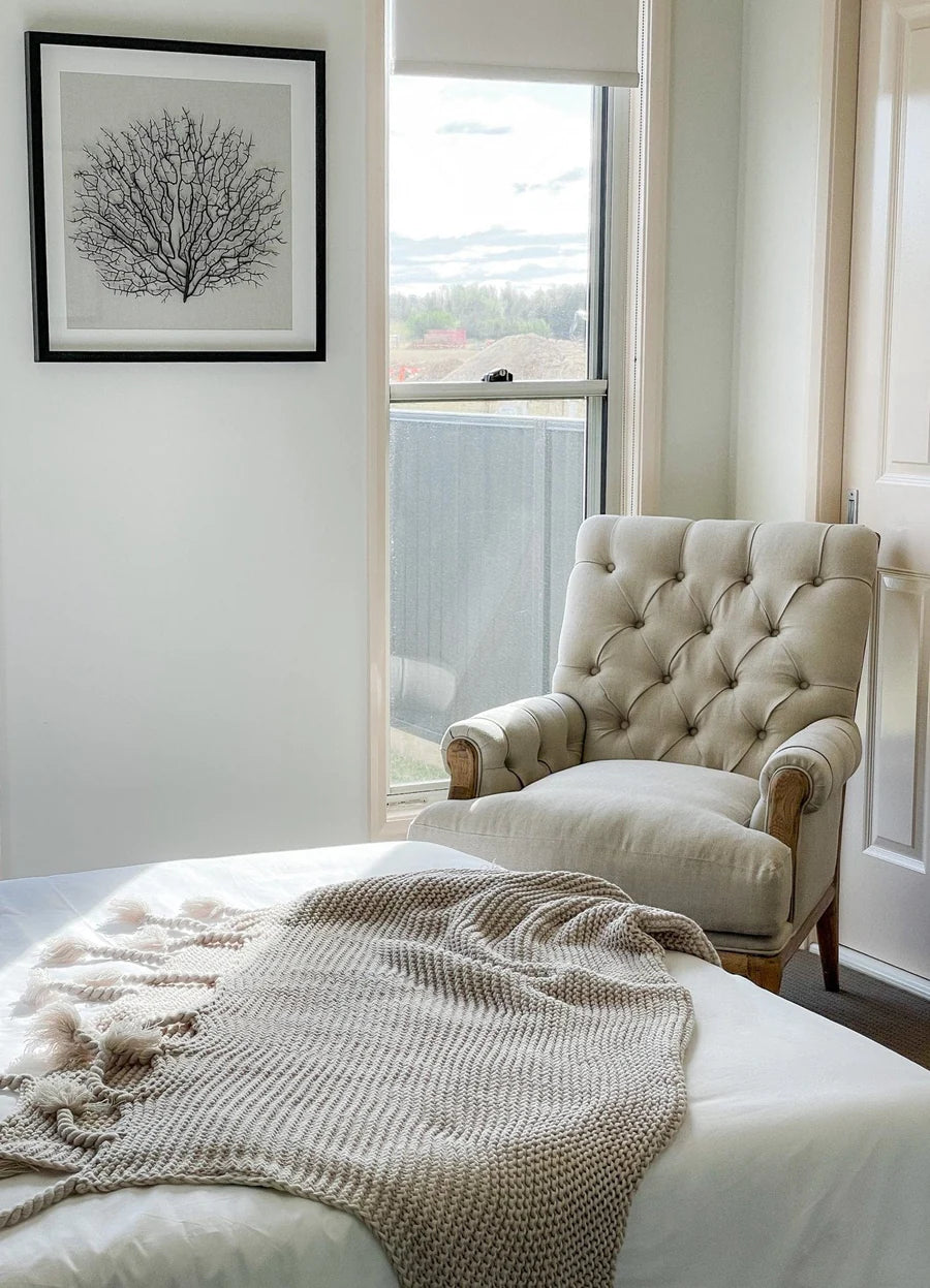 Beige Linen Armchair Oak Legs