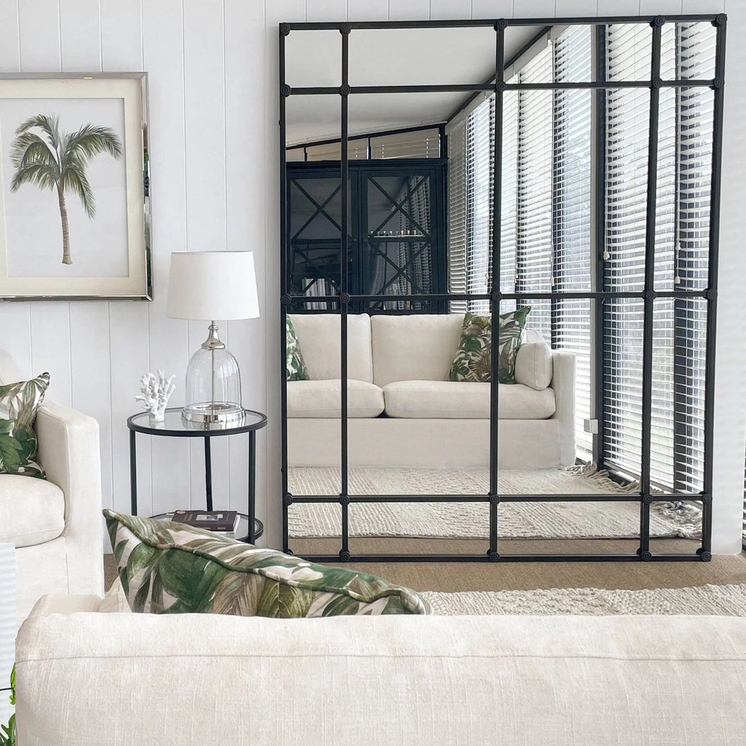 CRAWFORD RECTANGULAR 16 PANE IRON FRAMED MIRROR - BLACK