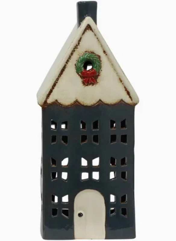 Christmas Tea Light House Blue with Wreath Large