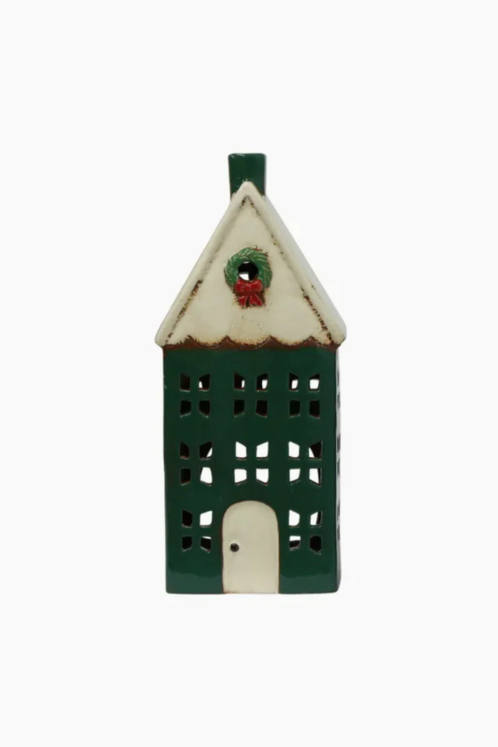 Christmas Tea Light House Green with Wreath Large