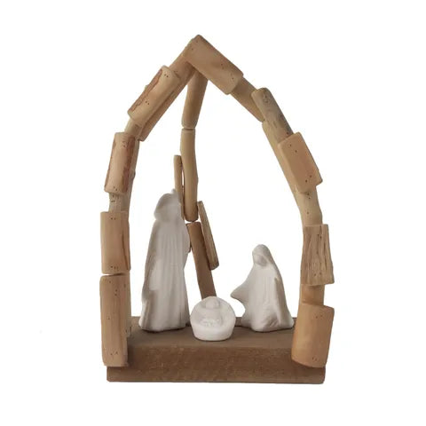 Nativity Dec Wood/Cer 14x12x14cm Wht/Nat