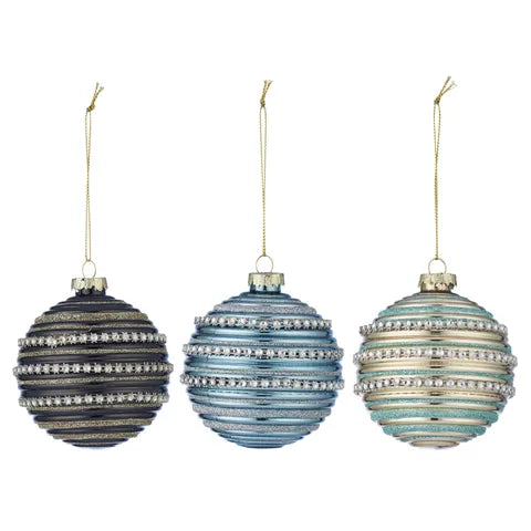 8cm Glass Bauble Embel Shiny Bik/Blu 3a