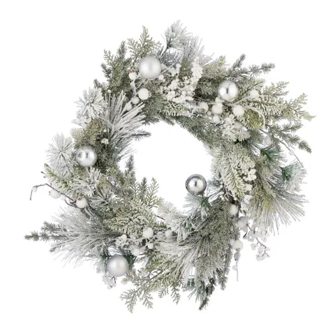 Pine Wreath w/Snow Pla Wht/Silver