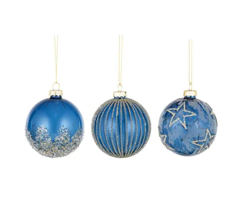 Marine Bauble Glass 8cm Blue/Silv 3 Asst