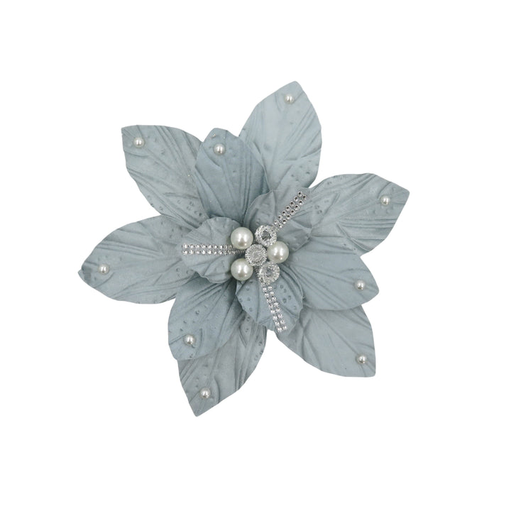 Fabric Clip Poinsettia Grey Silver Beads