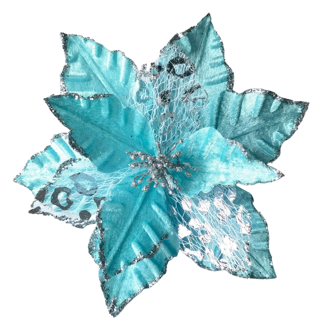 Clip on Poinsettia Teal Silver Leaf