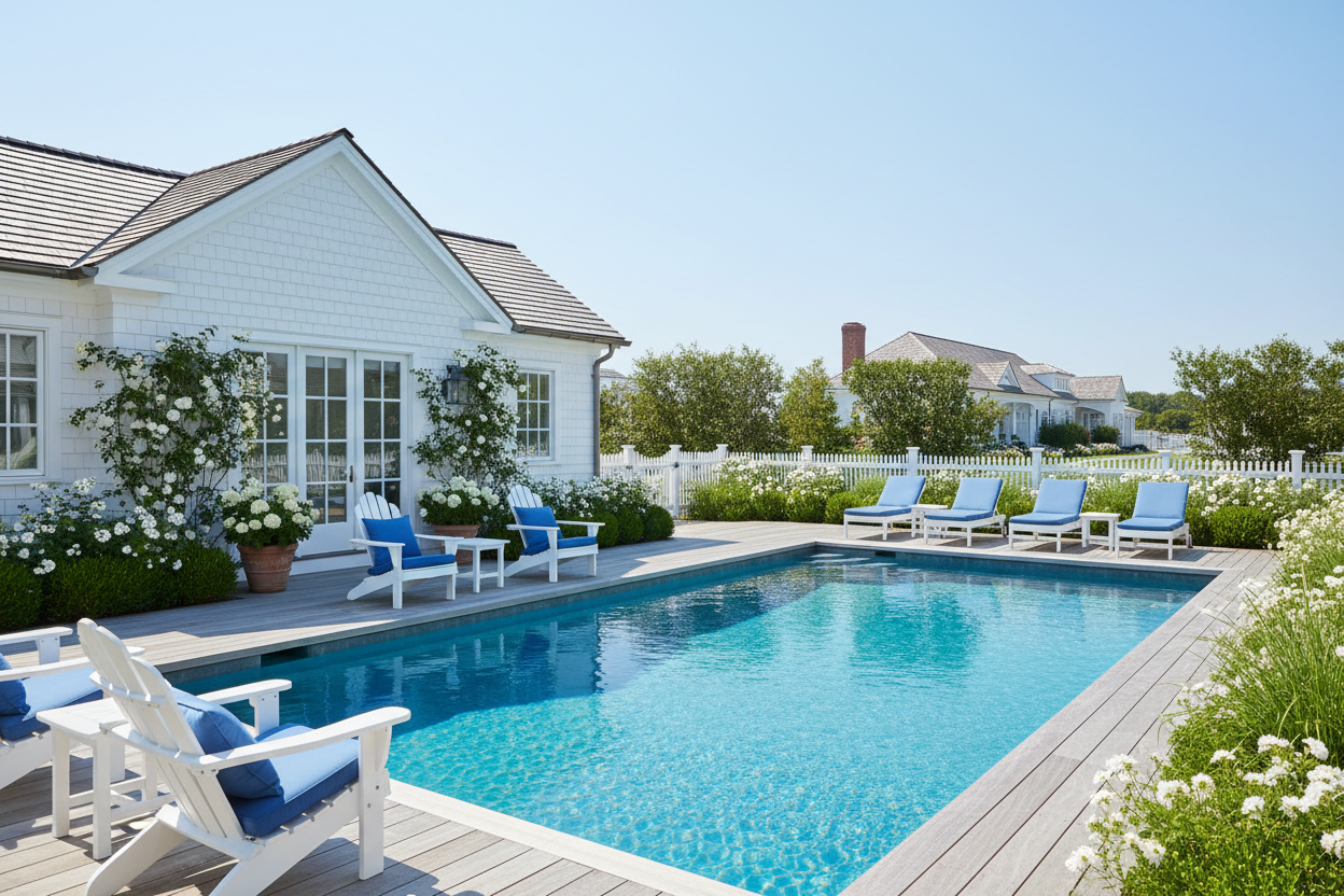 Hamptons Style Back Garden with Pool, Poolhouse, Adironacks Chairs , Adirondack Sunloungers