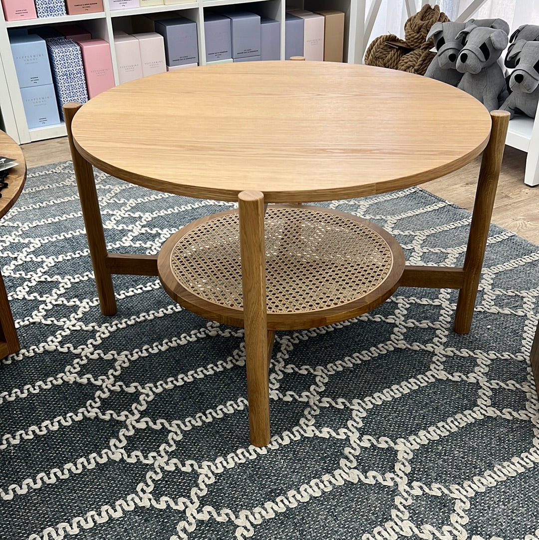 Oak round coffee table with Rattan shelf