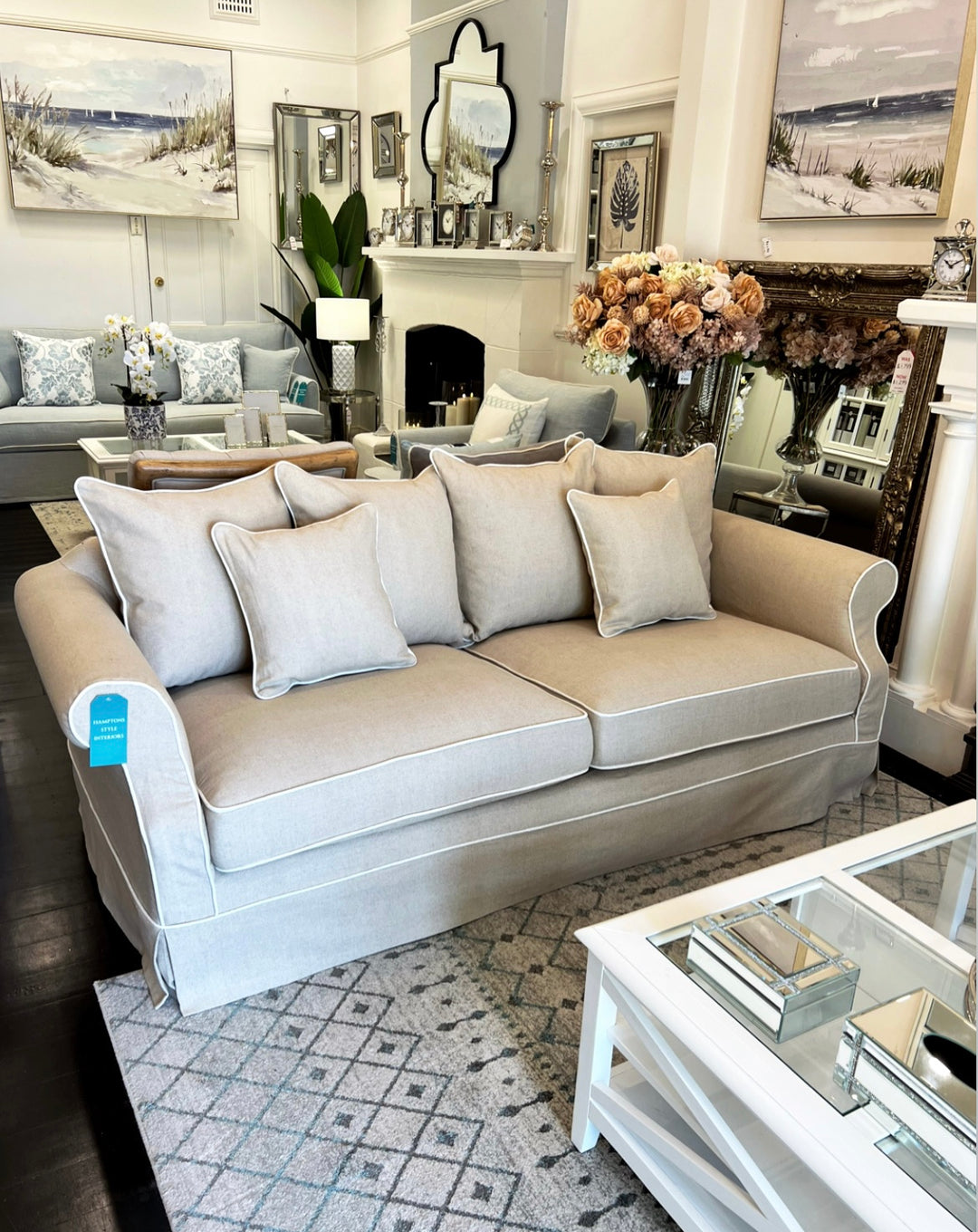 Ayla Hamptons 3 Seater Sofa Natural with White Piping