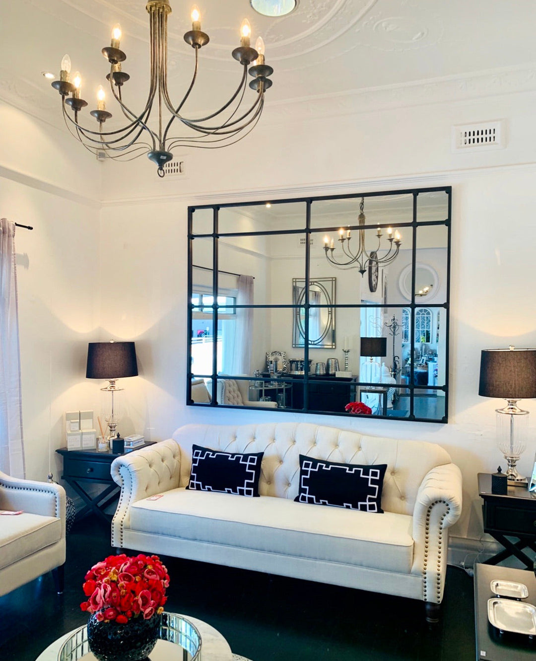 CRAWFORD RECTANGULAR 16 PANE IRON FRAMED MIRROR - BLACK