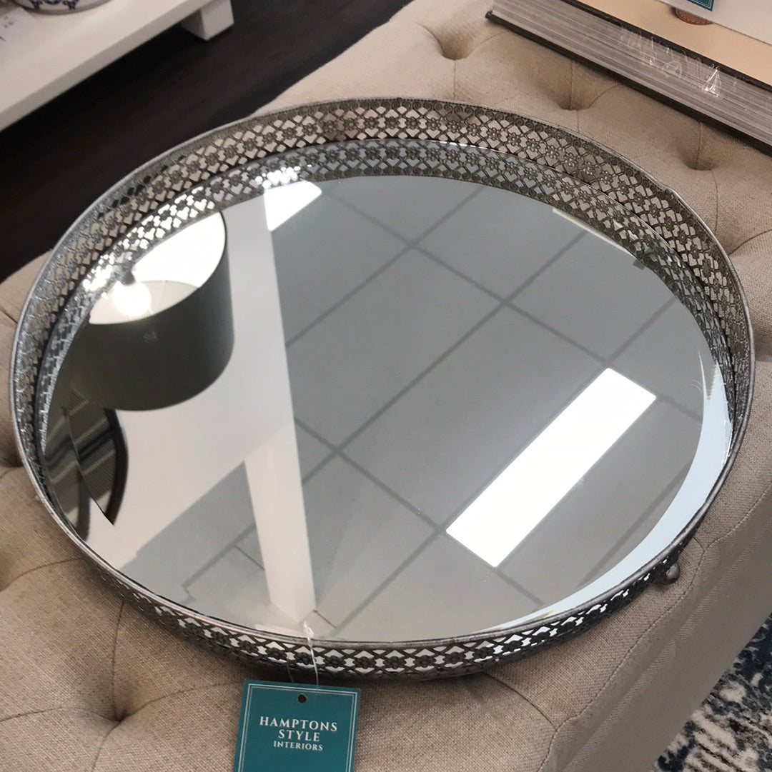 Silver Filagree Round Mirror Tray