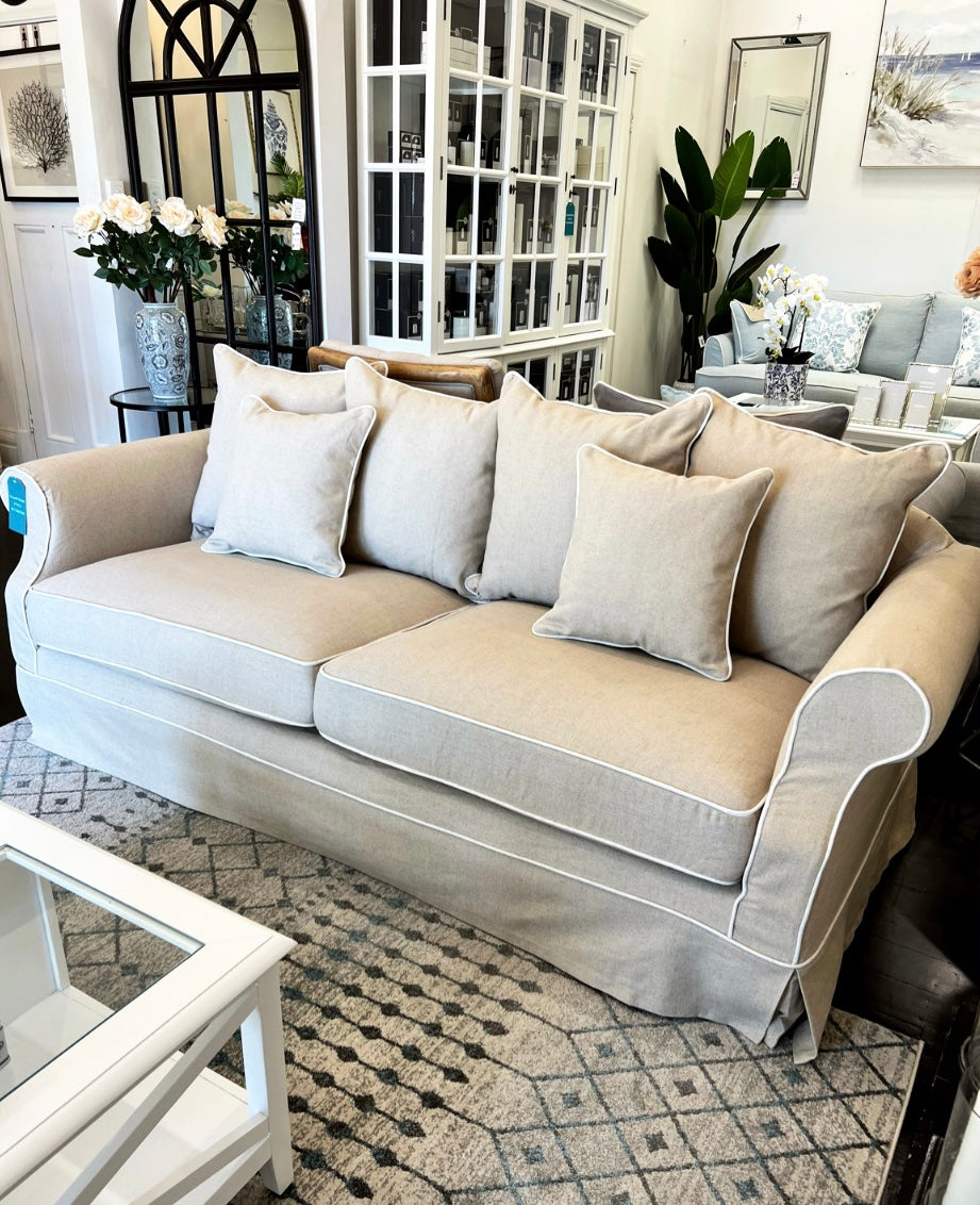 Ayla Hamptons 3 Seater Sofa Natural with White Piping