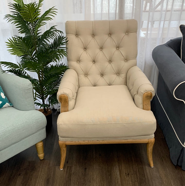 Beige Linen Armchair Oak Legs