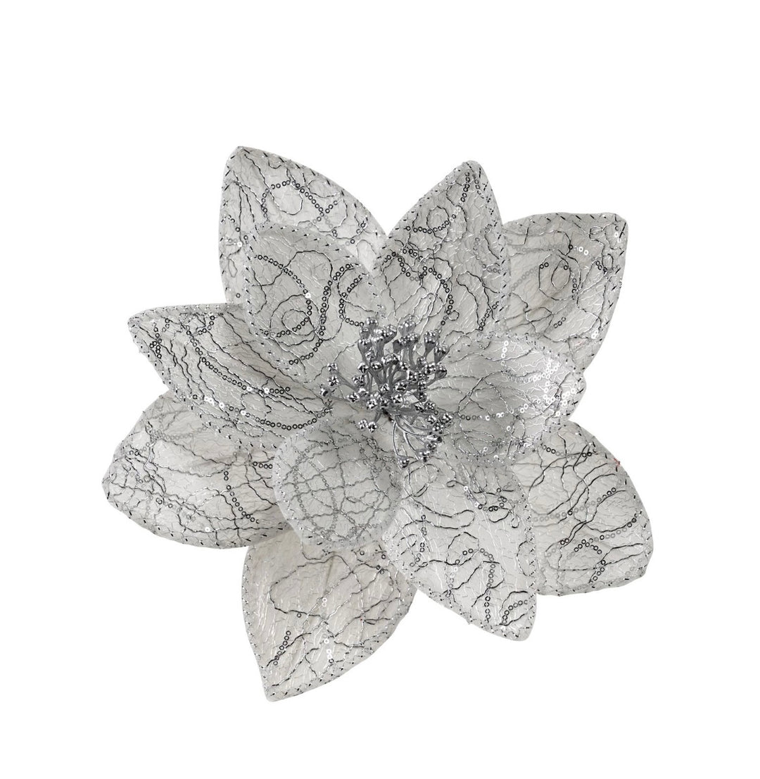 Fabric Clip Poinsettia Silver/Silver Edge
